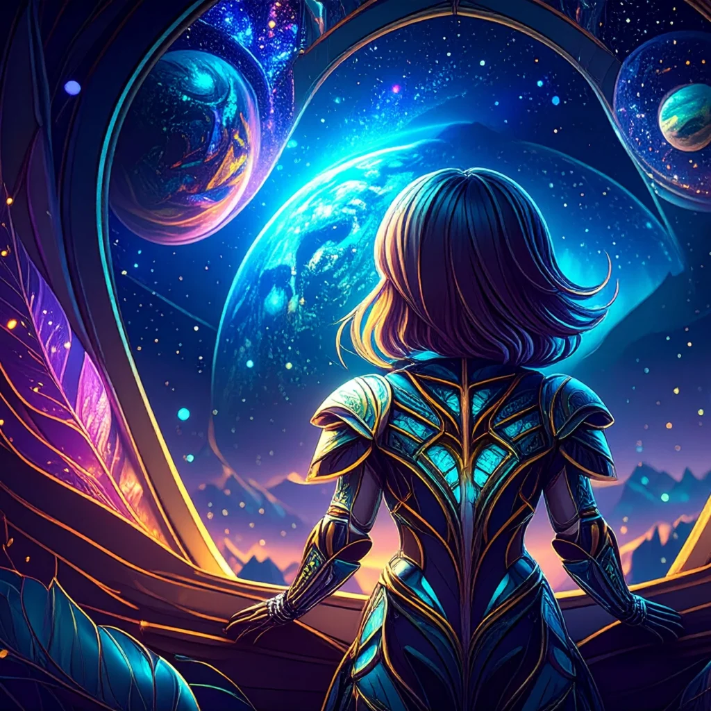A girl with short hair, wearing ornate armour wistfully looks out a window over an alien landscape, at the close by moon and starry sky.