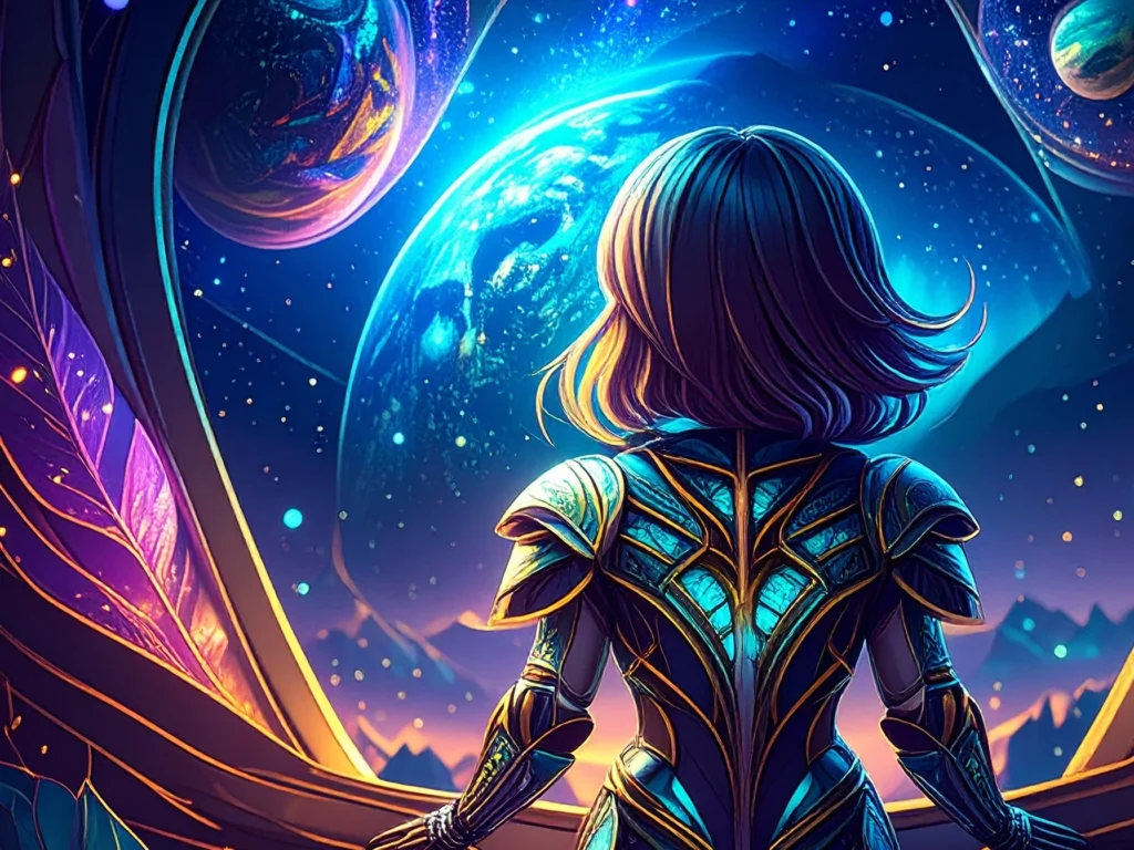 A girl with short hair, wearing ornate armour wistfully looks out a window over an alien landscape, at the close by moon and starry sky.